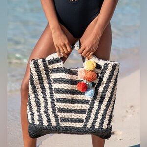 Billabong Talk To The Palm Black Striped Pom Pom Beach Tote Bag